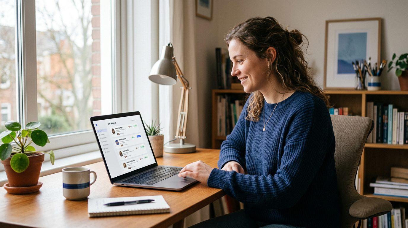 Freelancer reviewing AI-generated gig applications on a laptop at a desk